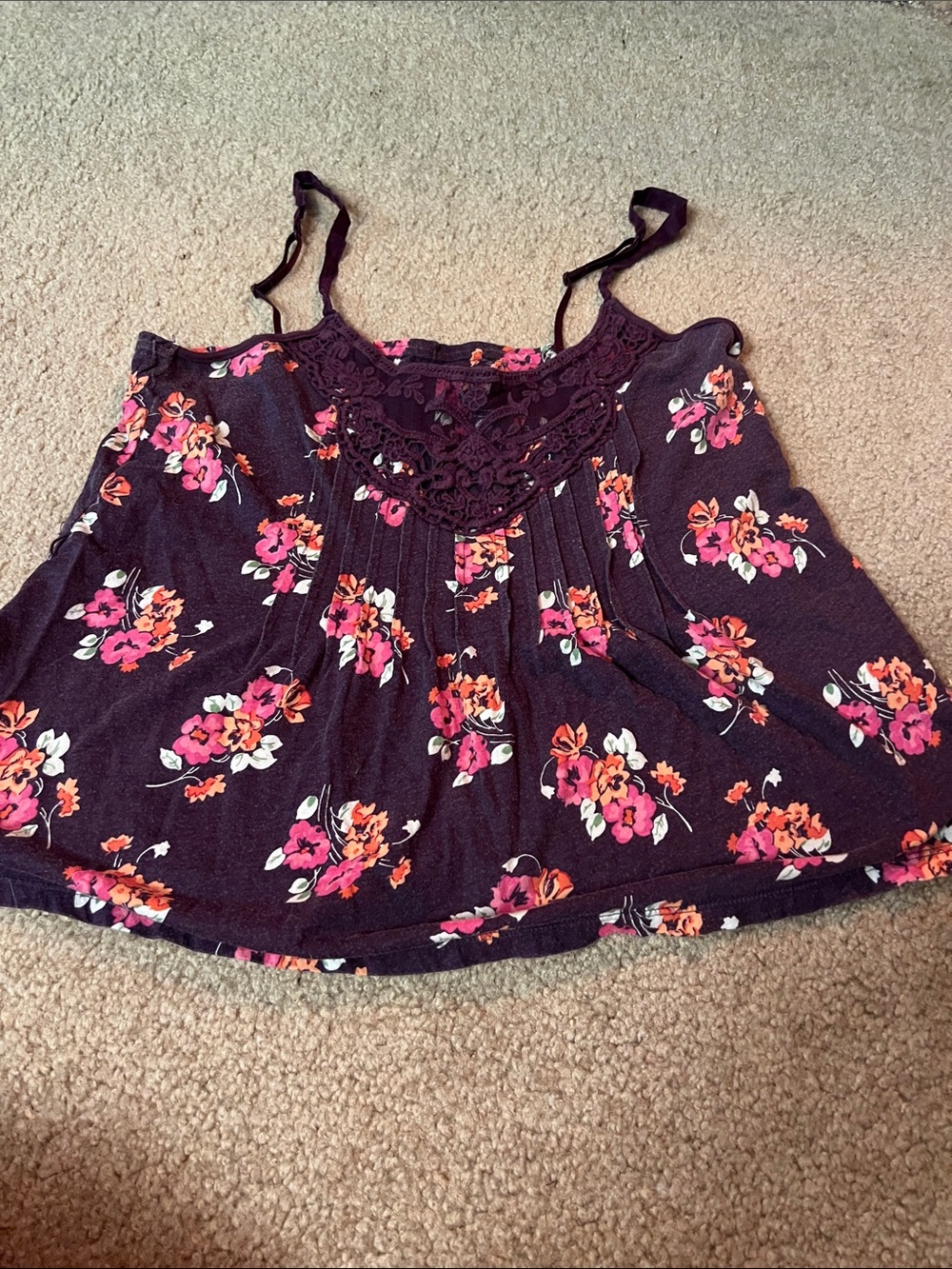 Floral Crochet Yoke Spaghetti Strap Tank Top - Purple with Pink Floral